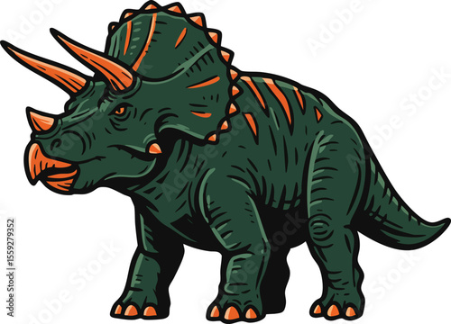 Triceratops dinosaur vector illustration with green and orange colors prehistoric animal design for children and education purposes