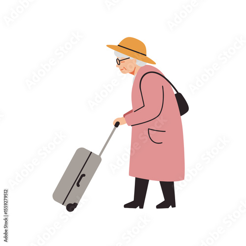 Senior woman standing with suitcase and purse ready to go on trip, vector illustration. Elderly people traveling concept, active aging