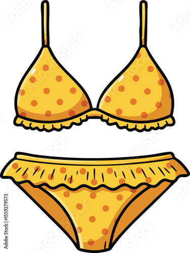 Yellow polka dot bikini set with ruffled edges summer swimwear design vector illustration
