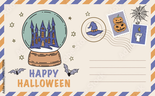 Halloween card with pumpkin, bat, hat, hand drawn illustrations	
