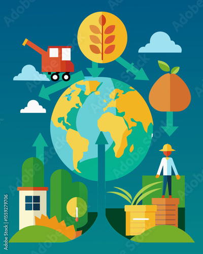 A developing country relying heavily on cash crops for export faces trade imbalances when global demand for that product decrease leading to economic struggles for local farmers. Vector illustration