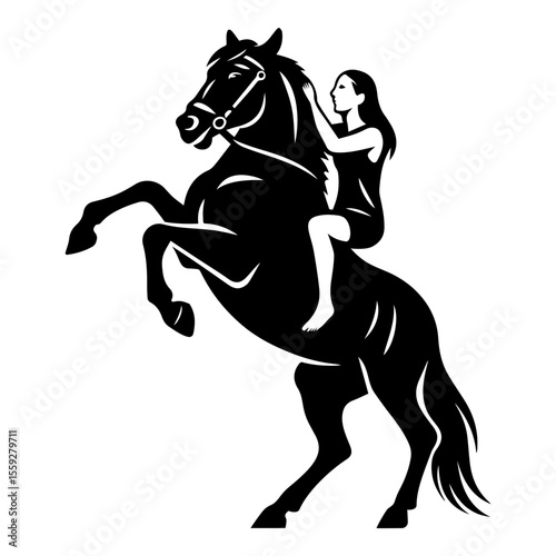 Girl riding a rearing horse in black and white silhouette style on white background
