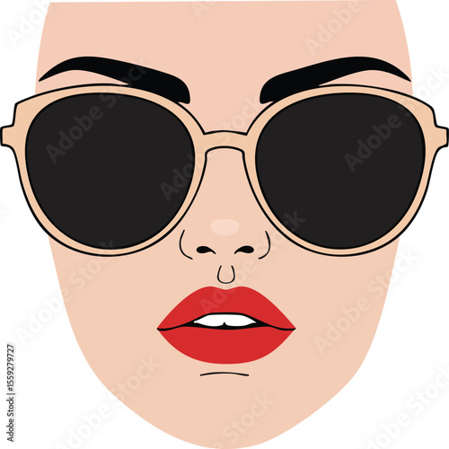 Woman face with black sunglasses and red lips vector illustration in minimal style for fashion and beauty design