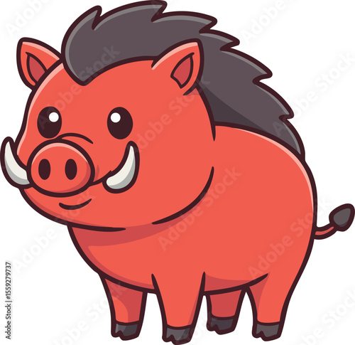 Cute red wild boar cartoon character with black mane and tusks in playful pose vector illustration