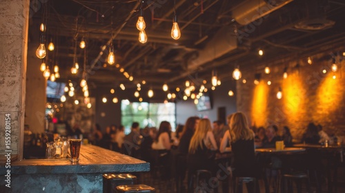 Bar Interior with Edison Bulb Lighting and Patrons