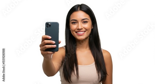 Smiling young woman holding a smartphone taking a selfie isolated on white background