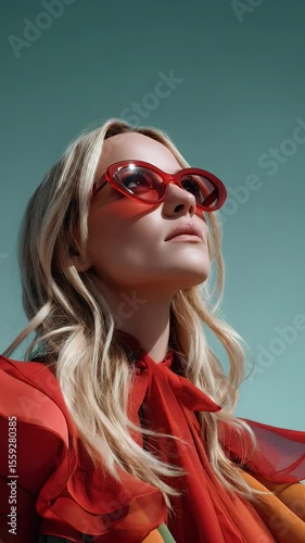 Woman wearing red sunglasses and colorful clothing