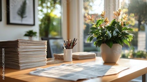 Sunlit Wooden Desk With Green Plant and Papers in a White Pot Creates a Tranquil Workspace