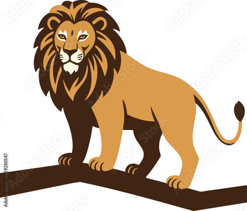Lion standing on branch wild animal vector illustration with brown mane and golden fur design