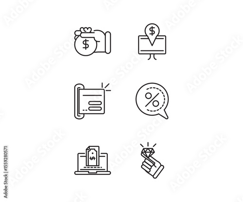 A modern financial and e-commerce line icon set featuring a hand with money, location pin with dollar, bill document, discount percentage, laptop payment, and a hand holding a diamond. Perfect for fin