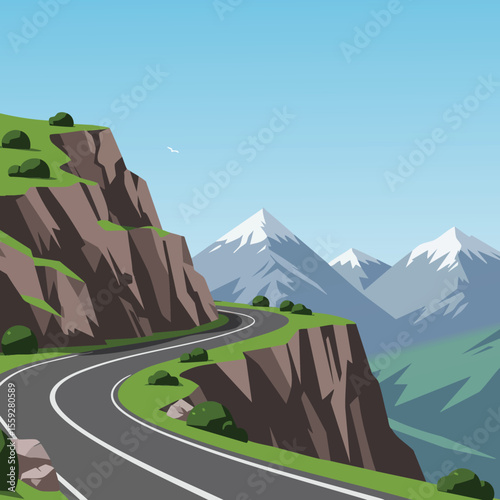 Mountain road winding along steep cliffs with snow capped peaks under clear sky vector illustration