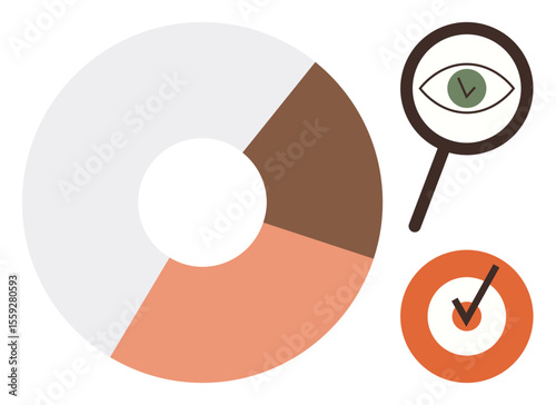 Circular chart displaying segmented data, magnifying glass with eye symbol for analysis, and checkmark for validation. Ideal for data visualization, analytics, research, monitoring, accuracy