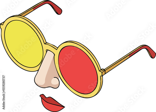 Yellow and red sunglasses with minimalistic face featuring lips and nose vector illustration