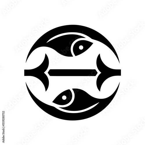 Black and white flat icon of the Pisces zodiac sign featuring two fish swimming in opposite directions