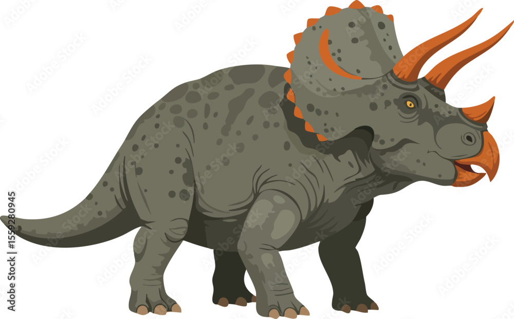 Fototapeta premium Triceratops dinosaur with orange horns and gray spotted skin natural prehistoric animal vector illustration