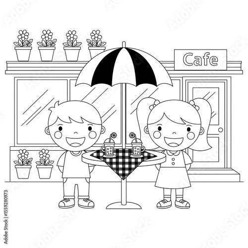 Boy girl cartoon cafe scene with drinks and umbrella