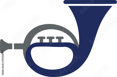French horn musical instrument vector icon in navy blue and grey simple design for music concept