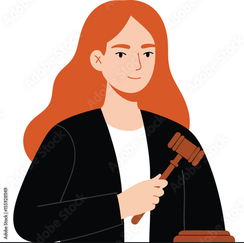 Redhead woman holding wooden gavel in courtroom setting representing justice and law concept vector illustration