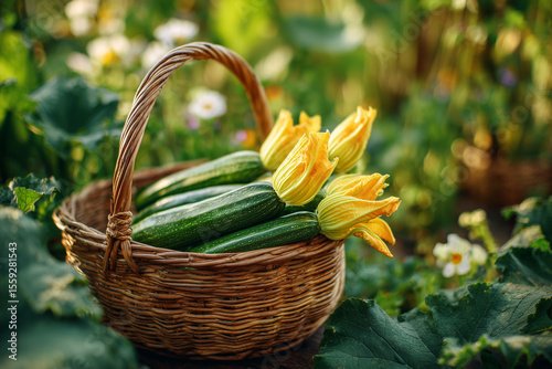 Fresh Zucchini with Yellow Blossoms in Rustic Wicker Basket – Organic Harvest