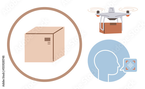 Cardboard package, drone carrying box, voice command. Ideal for delivery, technology, logistics, automation, innovation communication modern solutions. Simple flat metaphor