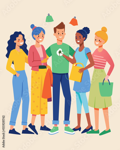 A group of friends hosts a clothing swap party promoting the reuse and recycling of clothing.. Vector illustration