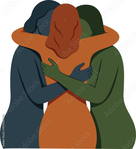 Three people hugging in warm embrace expressing support and unity in diverse group vector illustration