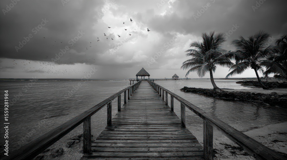 Obraz premium Black and white pier leading to a hut