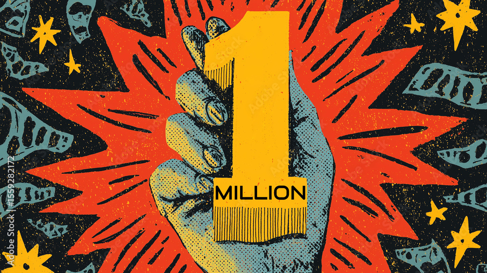 Obraz premium Hand Holding Golden 1 MILLION Trophy – Pop Art Style with Stars and Money in Bold Saturated Colors