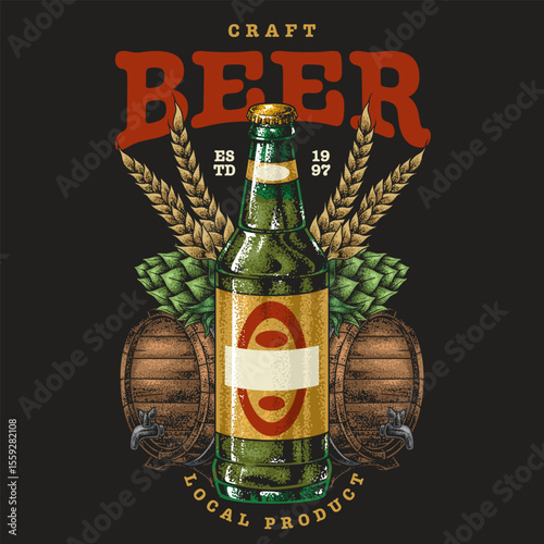 Craft beer label design featuring hops and barrels