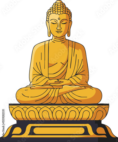 Buddha statue sitting meditation golden sculpture spiritual symbol calm peaceful vector illustration