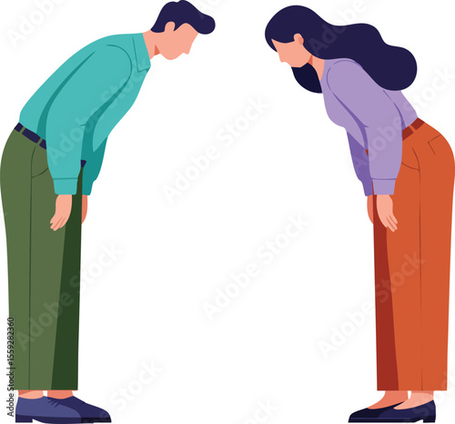 Man and woman bowing politely to each other in respectful greeting vector illustration