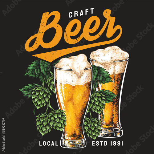 Local craft beer showcased with hops and foam