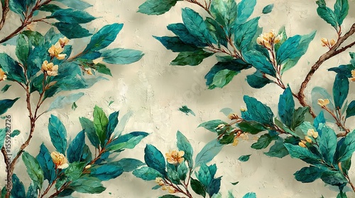   A canvas of emerald foliage and golden blossoms against a pristine backdrop, featuring a brown and gold avian perched upon a limb