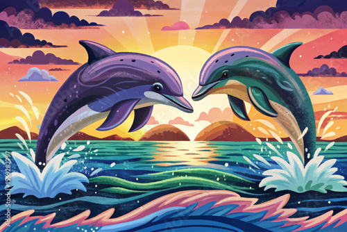 playful dolphins jumping in and out of the water surface vector cartoon, capturing motion, energy, and joy in a bright ocean scene