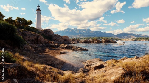 Wallpaper Mural Lighthouse on Rugged Coastline, a majestic beacon overlooking crashing waves and rocky cliffs, evoking a sense of solitude and natural beauty Torontodigital.ca