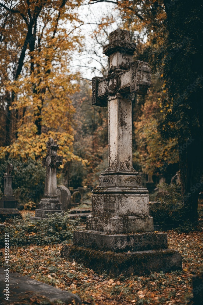 Obraz premium A stone cross stands tall in a cemetery filled with autumnal foliage Moss and weathering mark the cross and other tombstones
