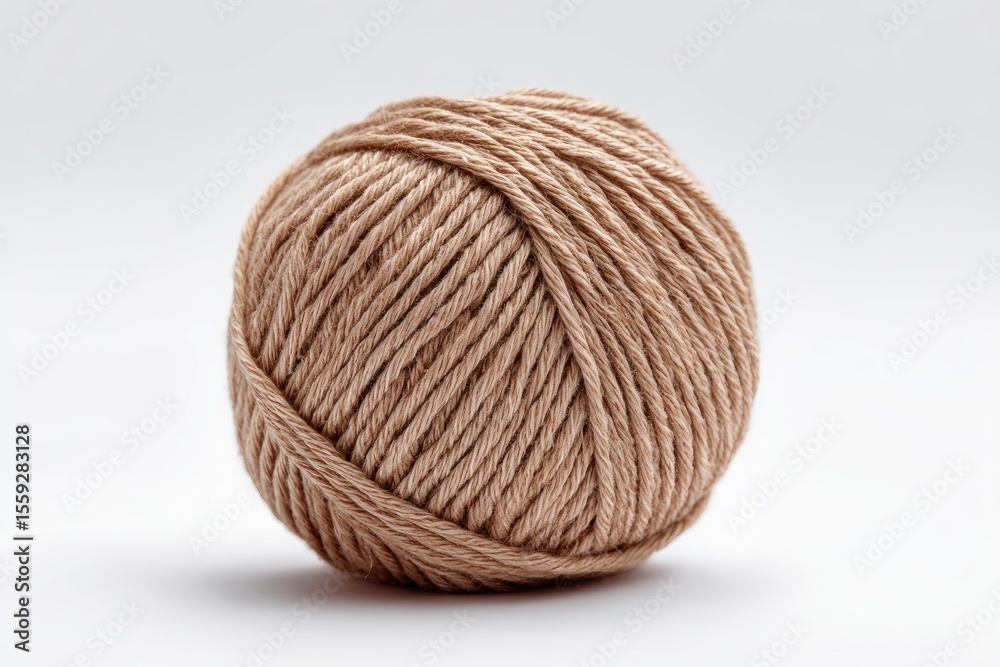 A tancolored yarn ball is against a white backdrop A tancolored yarn ball is against a white backdrop
