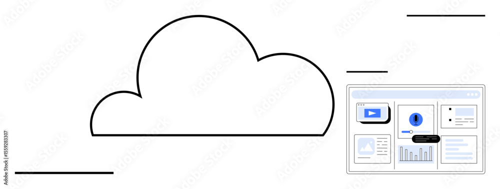 Cloud data storage concept with an outlined cloud connected to a dashboard displaying analytics, video, and files. Ideal for technology, communication, data access, remote work, software, efficiency Cloud data storage concept with an outlined cloud connected to a dashboard displaying analytics, video, and files. Ideal for technology, communication, data access, remote work, software, efficiency