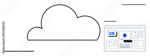 Cloud data storage concept with an outlined cloud connected to a dashboard displaying analytics, video, and files. Ideal for technology, communication, data access, remote work, software, efficiency