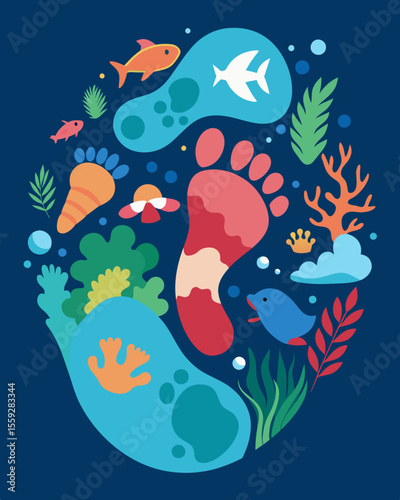 A footprint surrounded by images of dying coral reefs and plastic pollution in the ocean highlighting the impact of human actions on marine life.. Vector illustration
