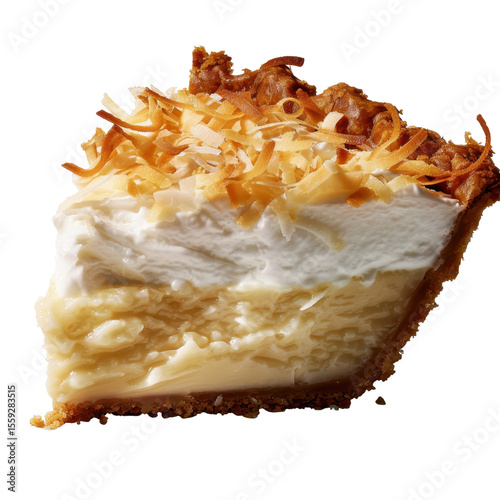 Creamy coconut cream pie with golden crust, topped with toasted coconut flakes, evokes sense of indulgence and sweetness