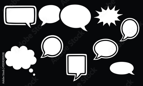 Collection of Various White Speech Bubbles on Black Background