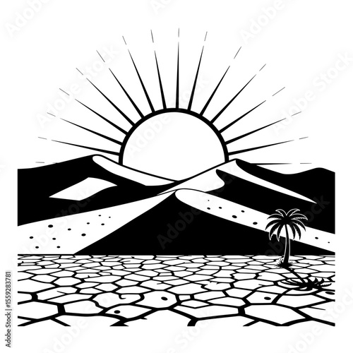 Sun over cracked desert ground with palm tree symbolizing drought