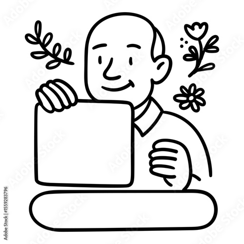 Doodle older man holding blank card with leaves hand drawn style for testimonial and review templates