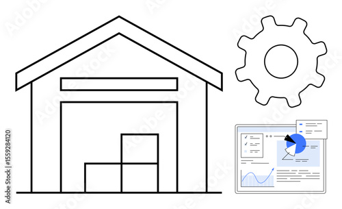 Warehouse graphic with stacked boxes, a gear symbolizing process automation, and a data dashboard featuring charts. Ideal for logistics, e-commerce, supply chain, automation, operations, analytics