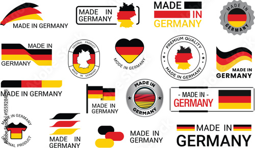 Made in Germany large collection set . Including german flag elements, map, badge design, heart shapes, and premium quality design . Collection vector illustration. Isolated on white background.

