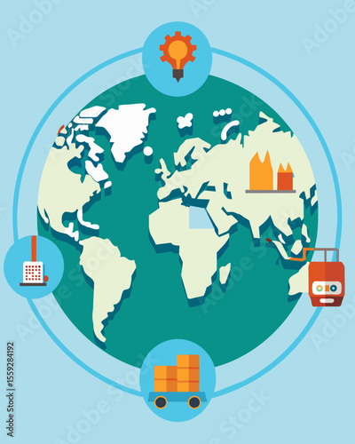 A map showing the global reach of a product throughout its lifecycle from production to disposal.. Vector illustration