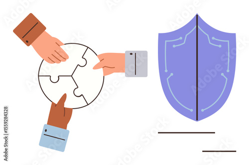 Hands assembling puzzle pieces next to a shield symbolizing collaboration, problem-solving, security, and teamwork. Ideal for business, data protection, unity, innovation safety strategy. Simple