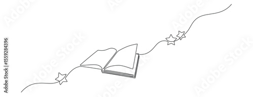 Opened book with flying page and stars in one continuous line drawing. Magic of reading and children library concept in simple linear style. Editable stroke. Doodle outline vector illustration
