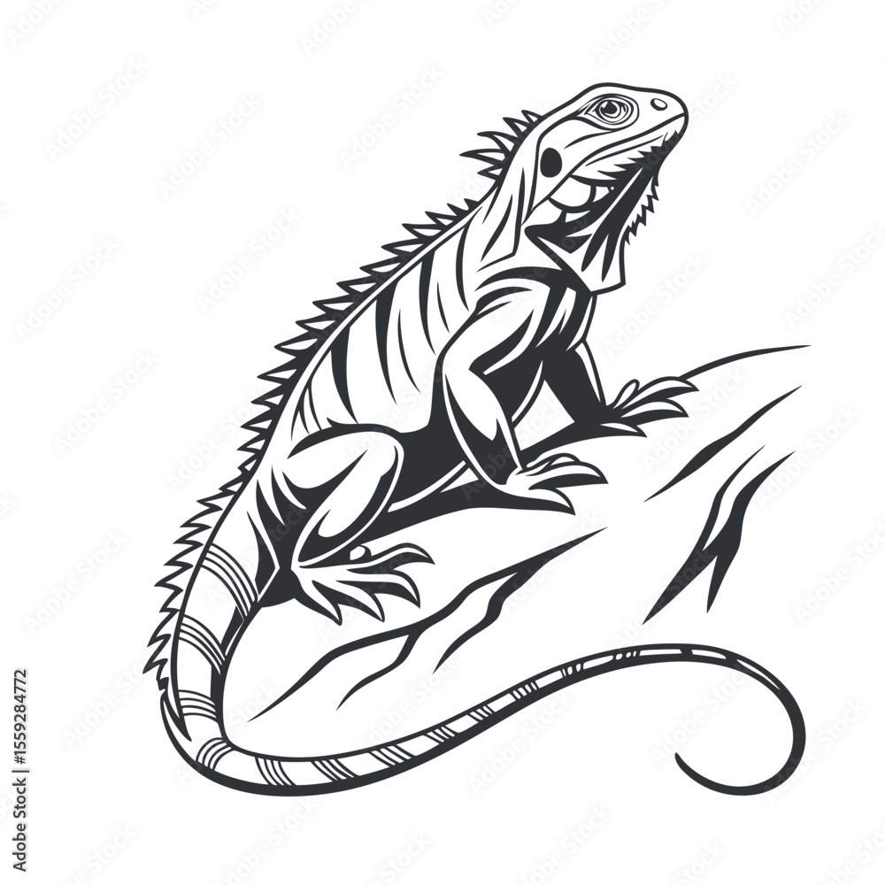 Obraz premium Majestic Iguana Illustration A Striking Black and White Drawing of a Lizard on a Rock, Perfect for Reptile Enthusiasts and Nature Lovers